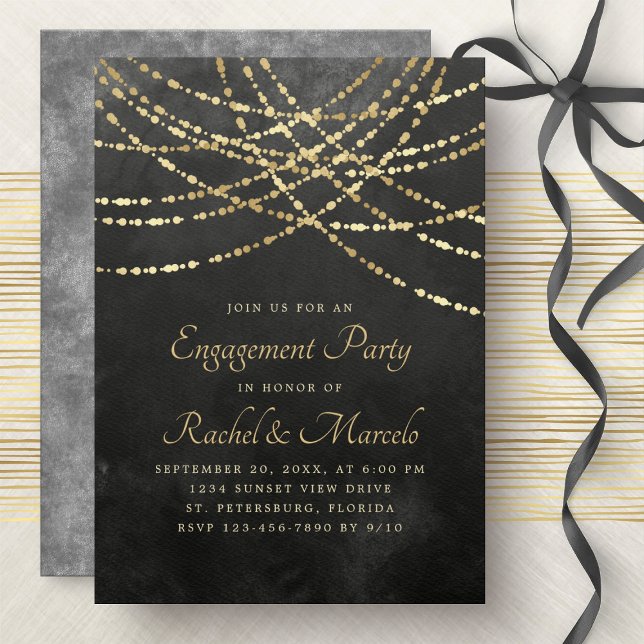 Invitación String Lights Black Gold Engagement Party (Subido por el creador)