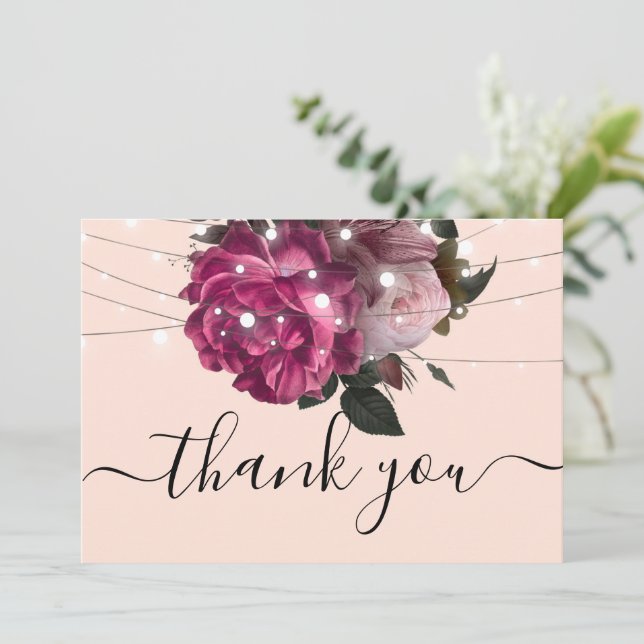 Invitación String Lights Burgundy Flowers gracias (Anverso de pie)