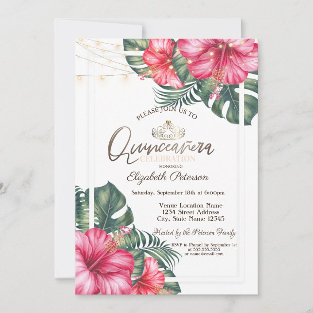 Invitación String Lights Hibuscus Summer Quinceañera (Anverso)