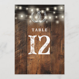 Invitación String Lights Horseshoes Barn Wood Table Number