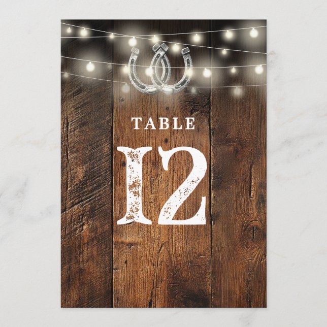Invitación String Lights Horseshoes Barn Wood Table Number (Anverso)