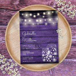 Invitación String Lights Mason Jar Rustic Purple Wood Boda