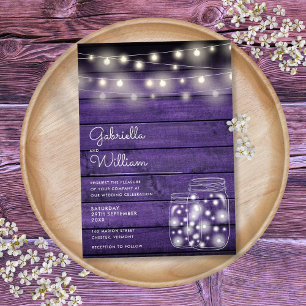 Invitación String Lights Mason Jar Rustic Purple Wood Boda