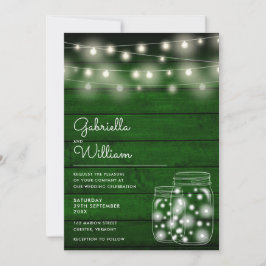 Invitación String Lights Mason Jars Rustic Green Wood Boda