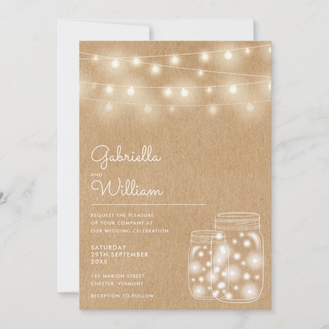 Invitación String Lights Mason Jars Rustic Kraft Boda (Anverso)