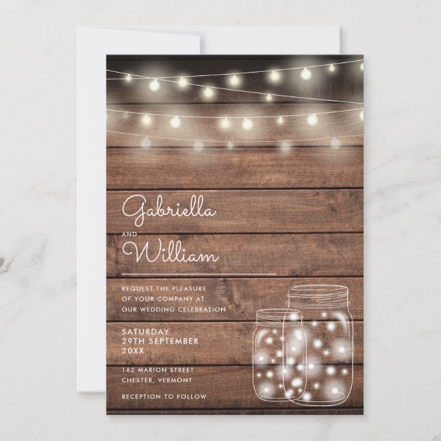 Invitación String Lights Mason Jars Rustic Wood Boda (Anverso)