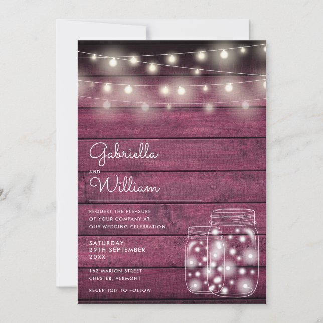 Invitación String Lights Mason Jars Rustic Wood Boda (Anverso)