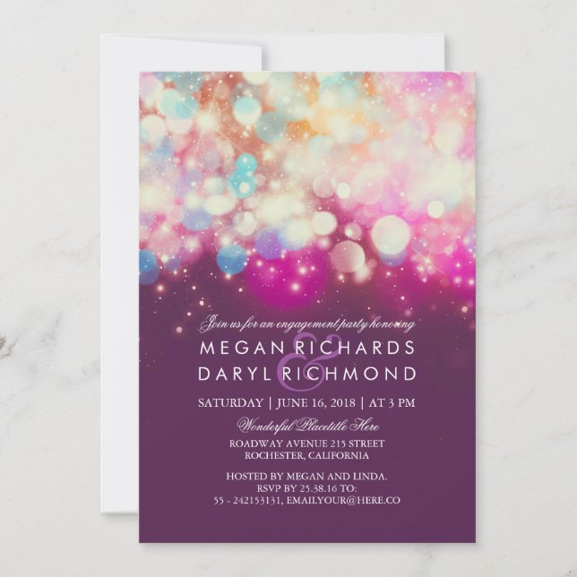 Invitación String Lights Purple Engagement Party (Anverso)