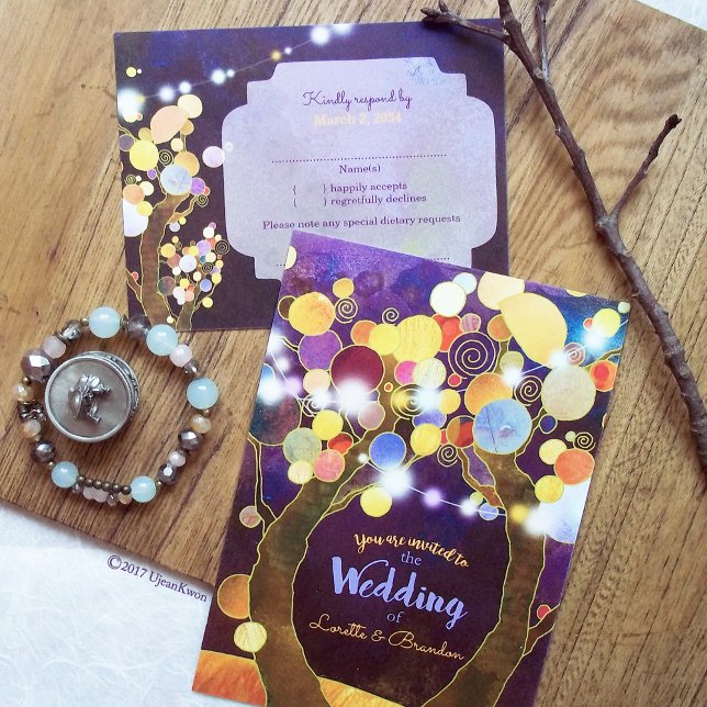 Invitación String Lights Purple Love Trees Boda (Romantic string lights wedding in purple shades)