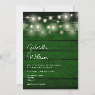 Invitación String Lights Rustic Green Wood Boda