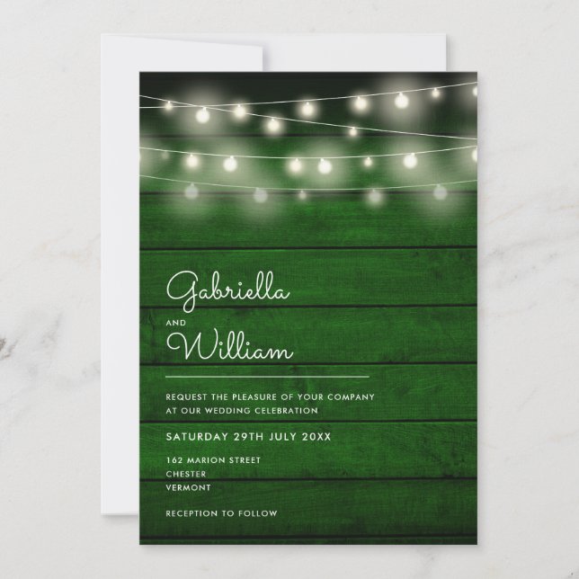 Invitación String Lights Rustic Green Wood Boda (Anverso)