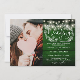Invitación String Lights Rustic Green Wood Photo Boda