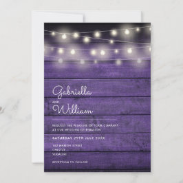 Invitación String Lights Rustic Purple Wood Boda