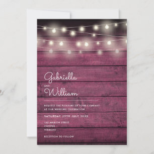 Invitación String Lights Rustic Red Wood Boda