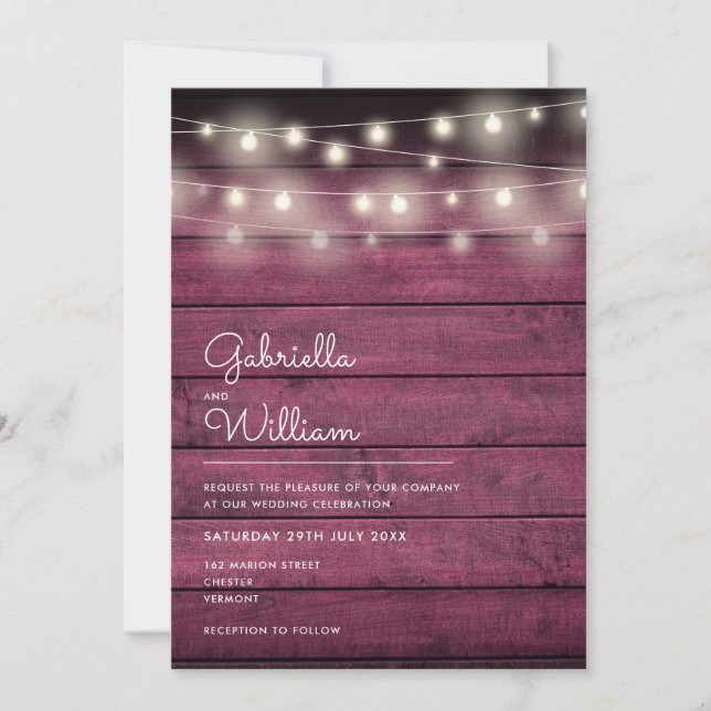Invitación String Lights Rustic Red Wood Boda (Anverso)