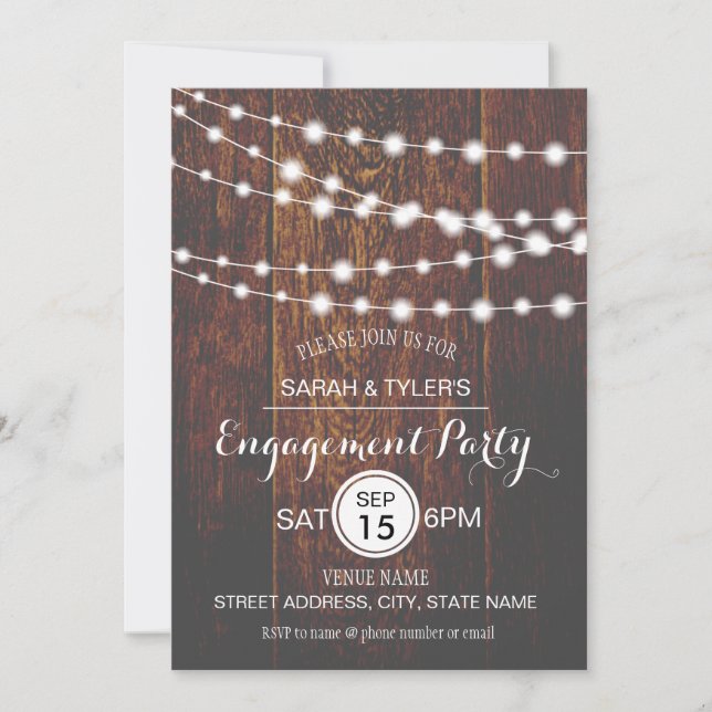 Invitación String Lights Rustic Wood Engagement Party Invita (Anverso)