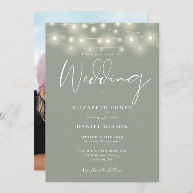 Invitación String Lights Sage Green Photo Wedding (Anverso / Reverso)