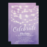 Invitación String Lights Sweet 16th Birthday Invitation<br><div class="desc">Una cadena moderna ilumina una invitación dulce de 16 años sobre un fondo morado claro de acuarela.  Vea nuestra respuesta para un toque especial.</div>