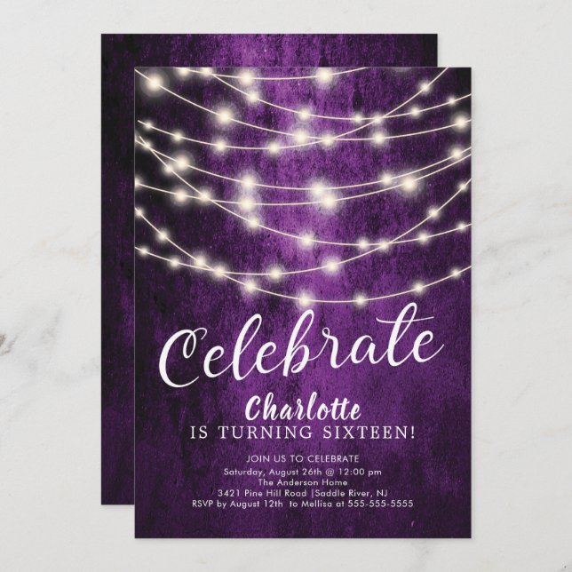 Invitación String Lights Sweet 16th Birthday Invitation (Anverso / Reverso)