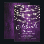 Invitación String Lights Sweet 16th Birthday Invitation<br><div class="desc">Una cadena moderna ilumina una invitación dulce de 16 años sobre un fondo morado. Vea nuestro respaldo floral correspondiente para un toque especial.</div>