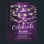 Invitación String Lights Sweet 16th Birthday Invitation<br><div class="desc">Una cadena moderna ilumina una invitación dulce de 16 años sobre un fondo morado. Vea nuestro respaldo floral correspondiente para un toque especial.</div>