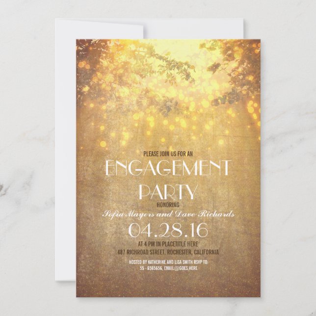 Invitación String Lights Tree Branch Rustic Engagement Party (Anverso)
