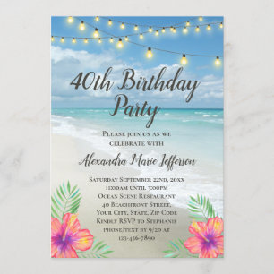 Invitación String Lights Tropical Luau Beach 40 cumpleaños