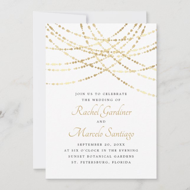 Invitación String Luces Boda elegante de oro (Anverso)