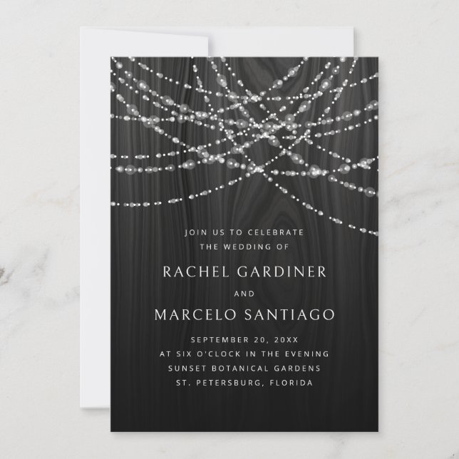 Invitación String Luces Boda Rústico de Madera Negra (Anverso)
