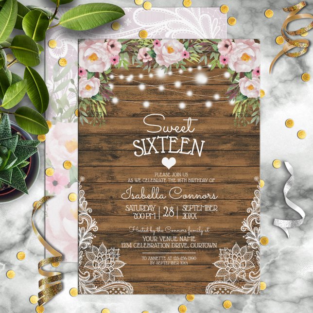Invitación String Luces Floral de madera y dulce de encaje 16 (Subido por el creador)