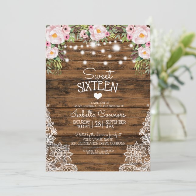 Invitación String Luces Floral de madera y dulce de encaje 16 (Anverso de pie)