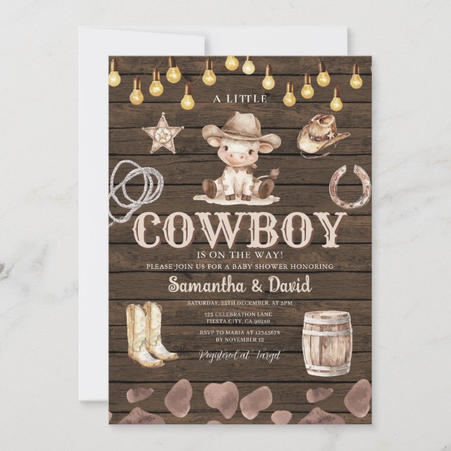 Invitación Stringlight Cowboy está en camino Baby Shower  (Anverso)
