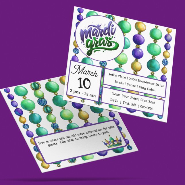 Invitación Strings of Colorful Mardi Gras Beads (Fully customize the front and back of your Mardi Gras bead inspired party invitation)