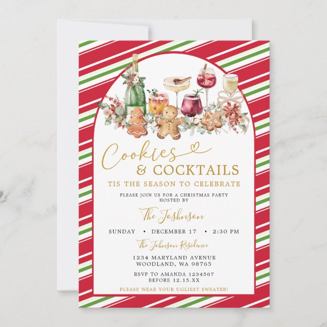 Invitación Stripe Cookies and Cocktail Classic Christmas (Anverso)