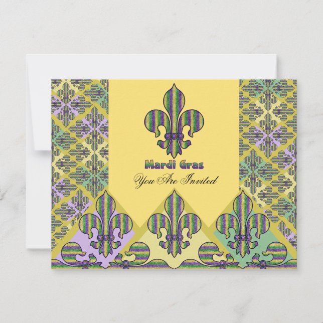 Invitación Stripe Mardi Gras Fleur de lis (Anverso)