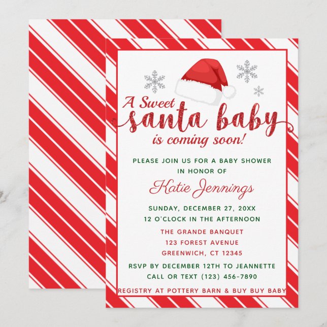 Invitación Stripe Santa Baby Shower clásico de Peppermint (Anverso / Reverso)