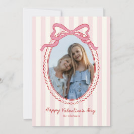 Invitación Striped Bright Pink Bow Valentine’s Day Photo Card