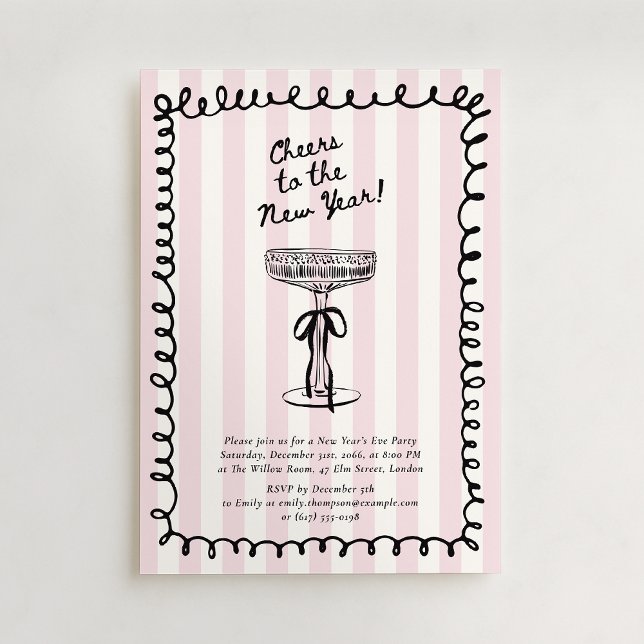 Invitación Striped  Hand Drawn Champagne Glass New Year party (Subido por el creador)