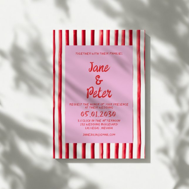 Invitación Striped Pink & Red Handwriting Wedding (Subido por el creador)