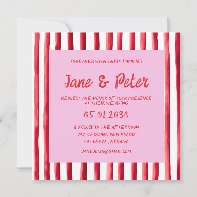 Invitación Striped Pink & Red Handwriting Wedding (Anverso)