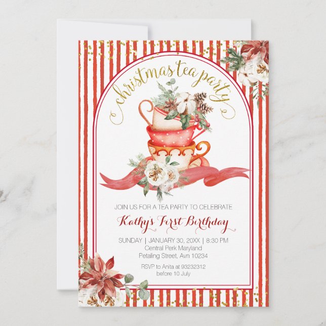 Invitación Stripes Floral Red Plaid Winter Birthday Floral (Anverso)