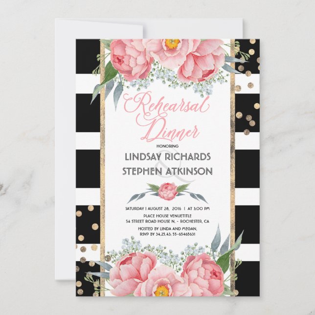 Invitación Stripes Gold Confetti Ensayos florales rosados Cen (Anverso)