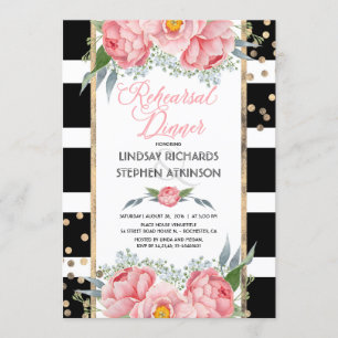 Invitación Stripes Gold Confetti Ensayos florales rosados Cen