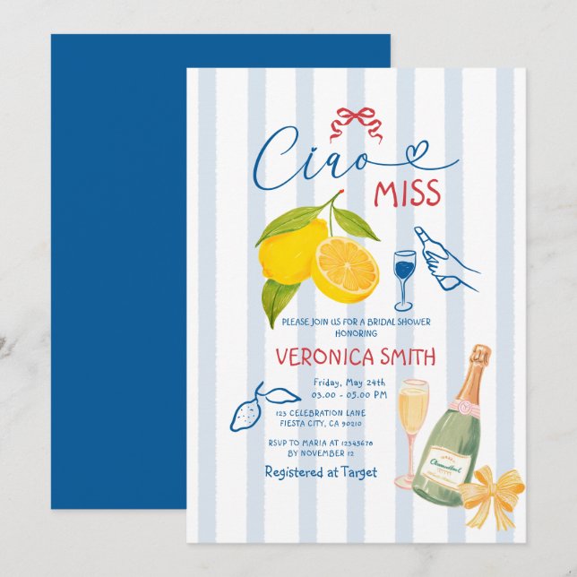 Invitación Stripes Lemon Blue Italia Ciao Bridal Shower (Anverso / Reverso)