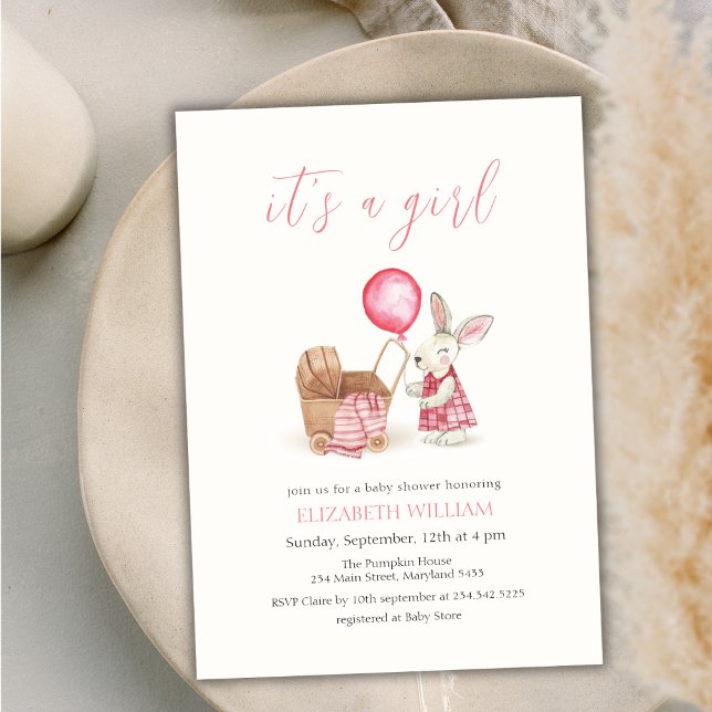 Invitación Stroller Bunny Balloon Chica Baby Shower (Stroller Bunny Balloon Girl Baby Shower Invitation)