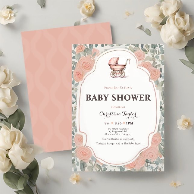 Invitación Stroller de Rosa de época rosa (Subido por el creador)