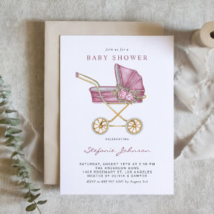 Invitación Stroller rosa de época es un Baby Shower Chica