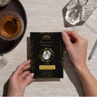 Invitación Stunning Black and Gold Watercolor Quinceañera