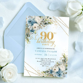 Invitación Stunning Boho Dusty Blue Floral Gold 90th Birthday