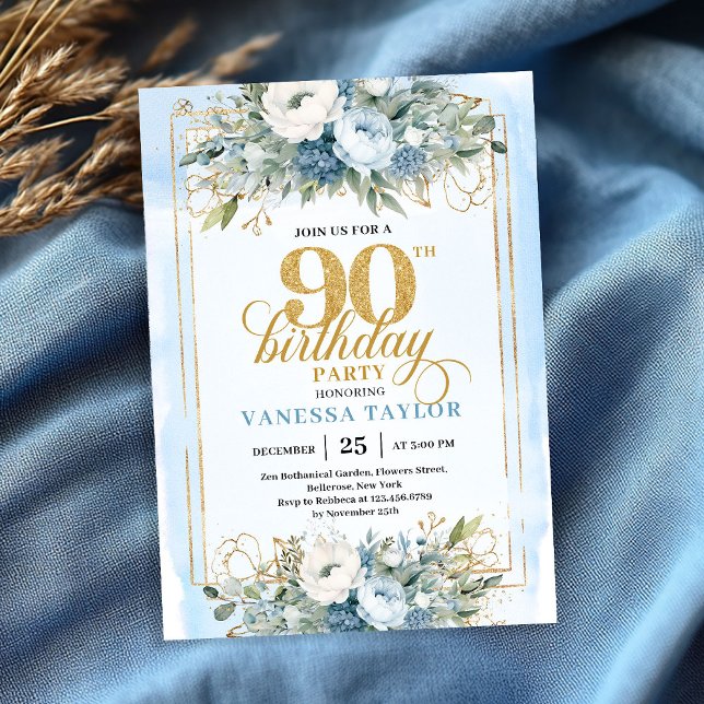 Invitación Stunning pastel blue gold frame 90th birthday  (Stunning pastel blue gold frame 90th birthday invite)